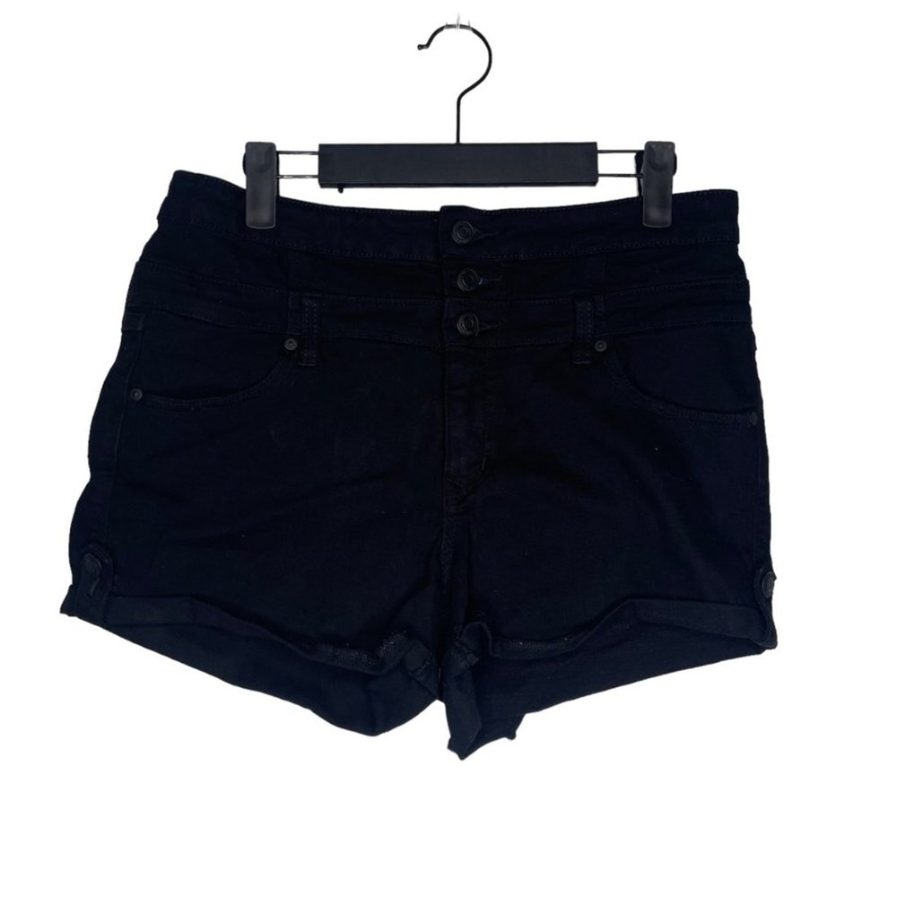 Eunina Ruby High Rise Stacked Waist Black Denim Shorts Cuffed Size L 2110